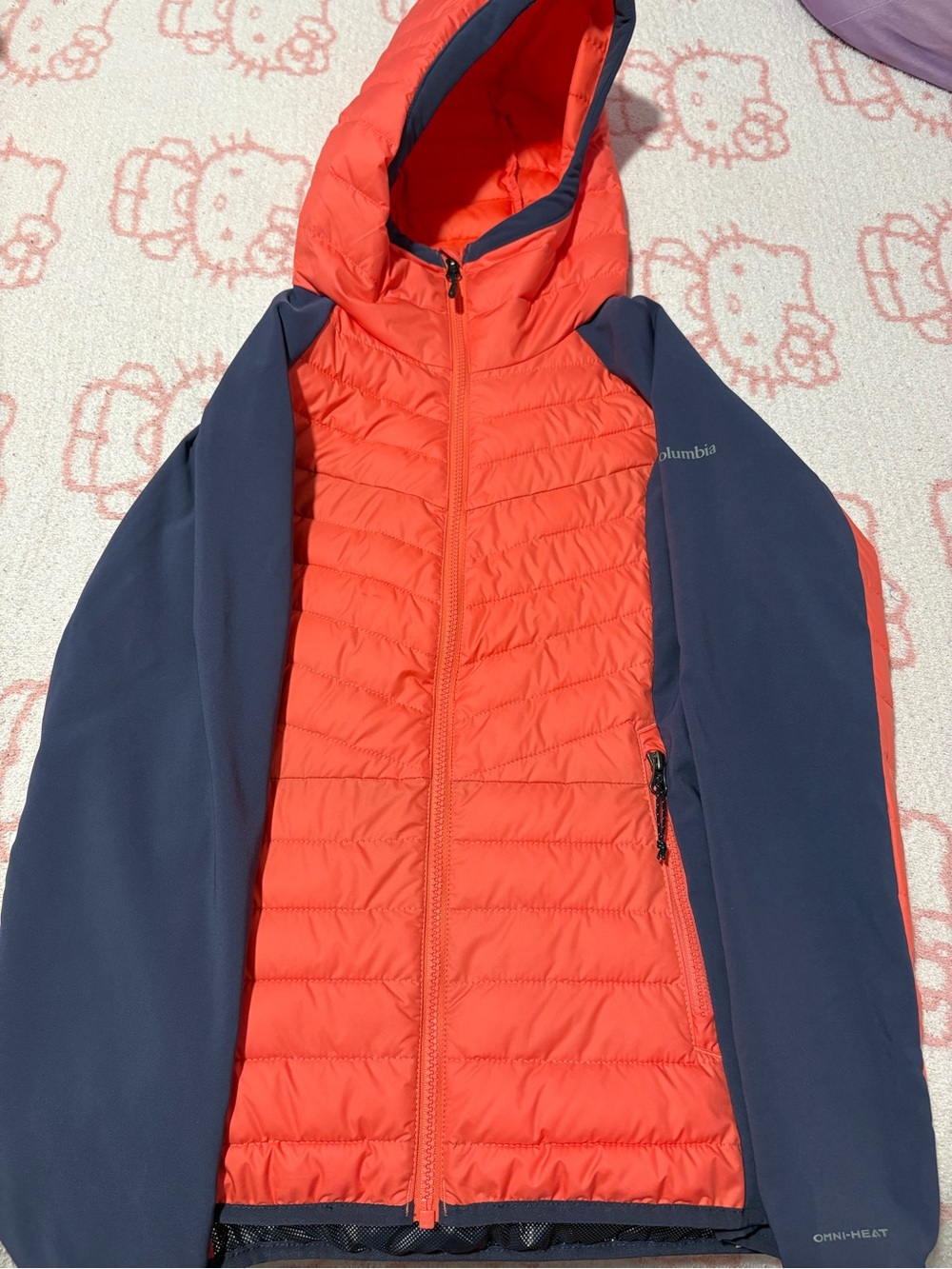 Columbia Women’s Coral Front with Navy Sleeves Hooded Puffer Jacket